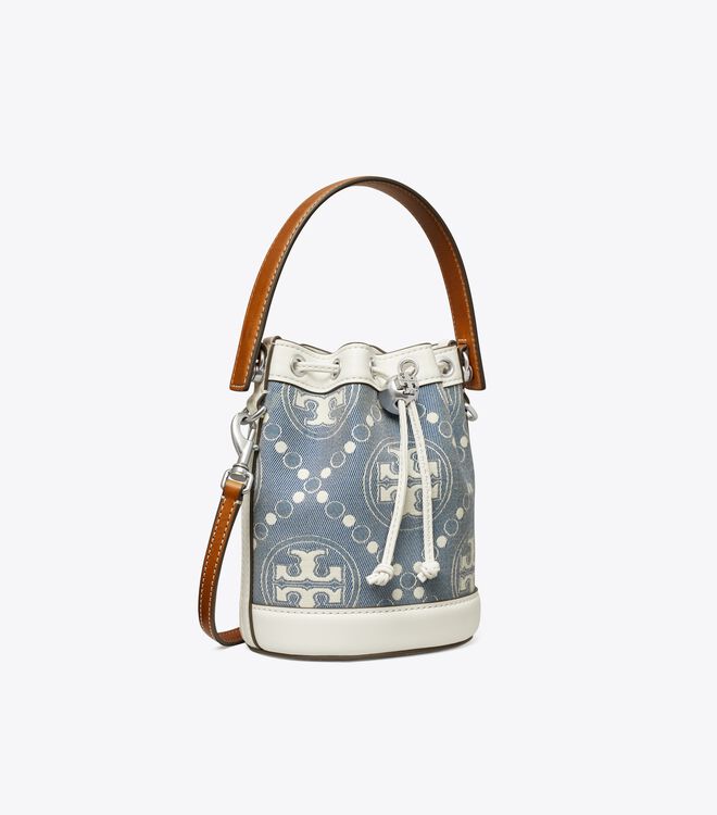 Blue Tory Burch Mini T Monogram Denim Women's Bucket Bags | OUTLET-03486959