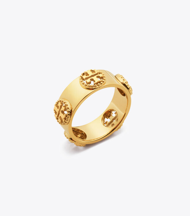 Gold Tory Burch Milgrain Logo Women's Ring | OUTLET-60824539