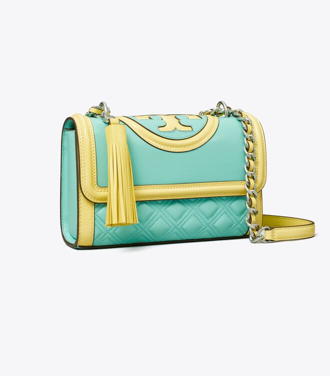 Turquoise / Lemon Tory Burch Small Fleming Patent Border Convertible Women's Shoulder Bags | OUTLET-85063219